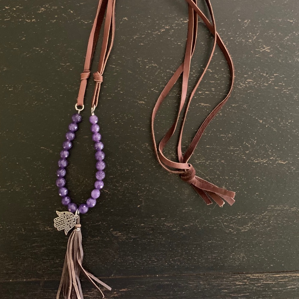 Genuine leather hamsa beaded necklace